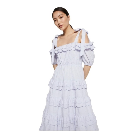 NWT BY MALINA Edda Tiered Ruffle Off the Shoulder Midi Dress Azure Blue Small - Picture 9 of 13